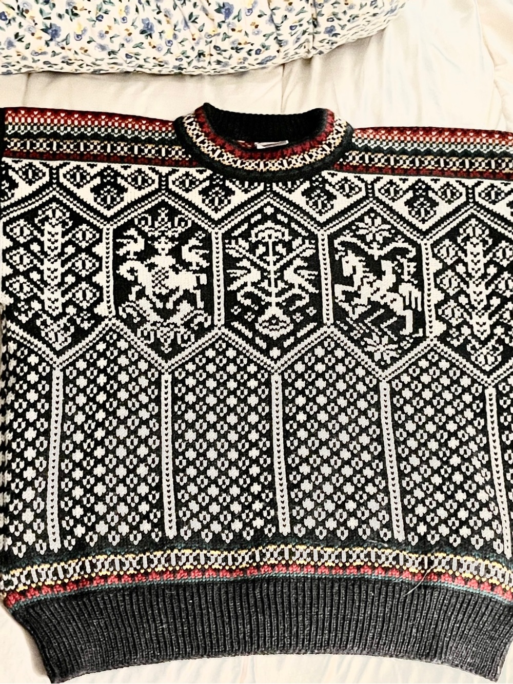 Dale of Norway Black & White Nordic Crewneck Sweater with Red Accents